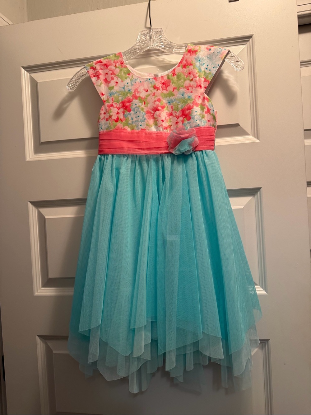 Jona Michelle Aqua Tulle Dress with Coral Floral Bodice